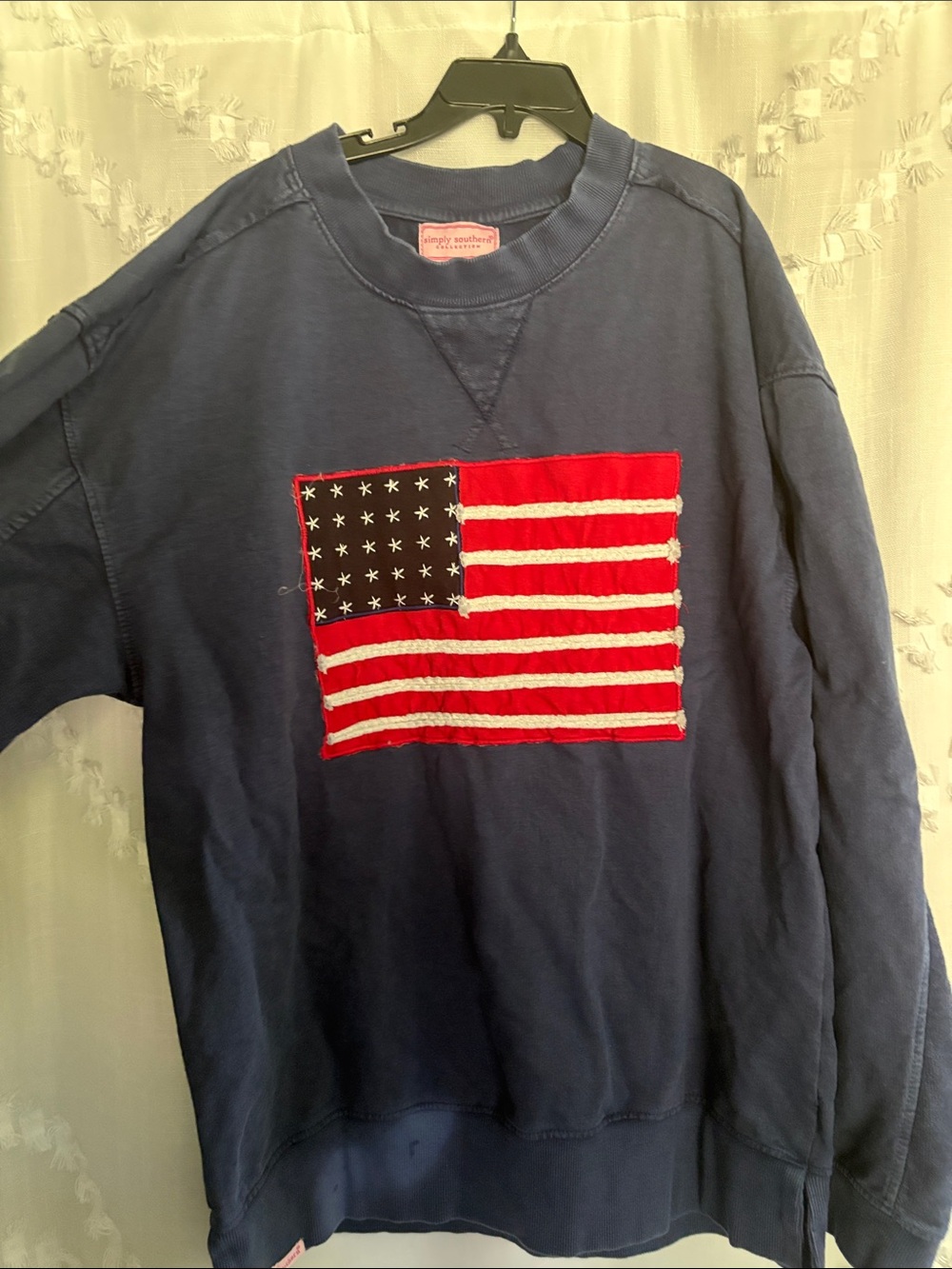 Simply Southern Navy Crewneck Sweatshirt with Red & White Flag Patch